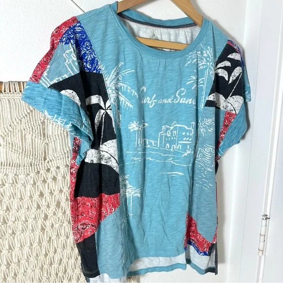 Anthropologie Pilcro Laguna Aqua Surf and Sand Graphic Patchwork Bandana Tee S - Picture 1 of 13